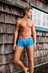 Mann in blauer Boxer-Unterhose mit rotem Bund und Aufdruck „Mein schöner Fleck Erde. EinsSein“ lehnt lässig an einer Holzwand mit Fenster; im Hintergrund ein Balkon mit Bergblick.
