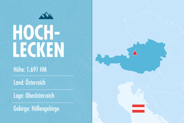 Grafik mit Informationen zum Berg Hochlecken in Österreich, Höhe 1691 Meter, Lage in Oberösterreich im Höllengebirge, Karte mit markierter Position und österreichischer Flagge