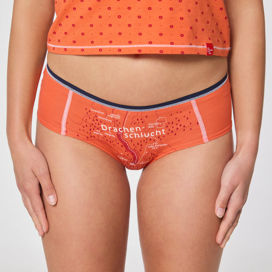Damen-Hipster Unterhose in Orange mit Aufdruck ‚Drachenschlucht‘ und dezentem Muster
