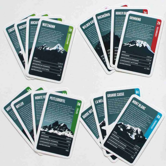 Alpen-Quartett von Ein schöner Fleck Erde mit Spielkarten zu bekannten Berggipfeln wie Watzmann, Mont Blanc und Hochkönig – Wissensspiel im alpinen Design mit Höhen- und Schwierigkeitsangaben.