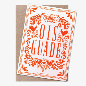 Grußkarte Ois Guade mit traditionellem bayerischen Design in Orange