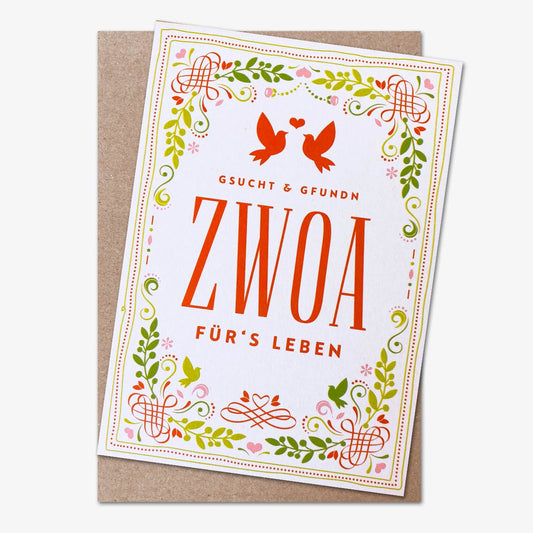 Grußkarte Zwoa für’s Leben mit floraler Verzierung und roten Vögeln