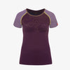 Violettes Funktionsshirt mit gelben Linien und zweifarbigem Design in Dunkel- und Hellviolett von Ein schöner Fleck Erde, Produktansicht auf weißem Hintergrund