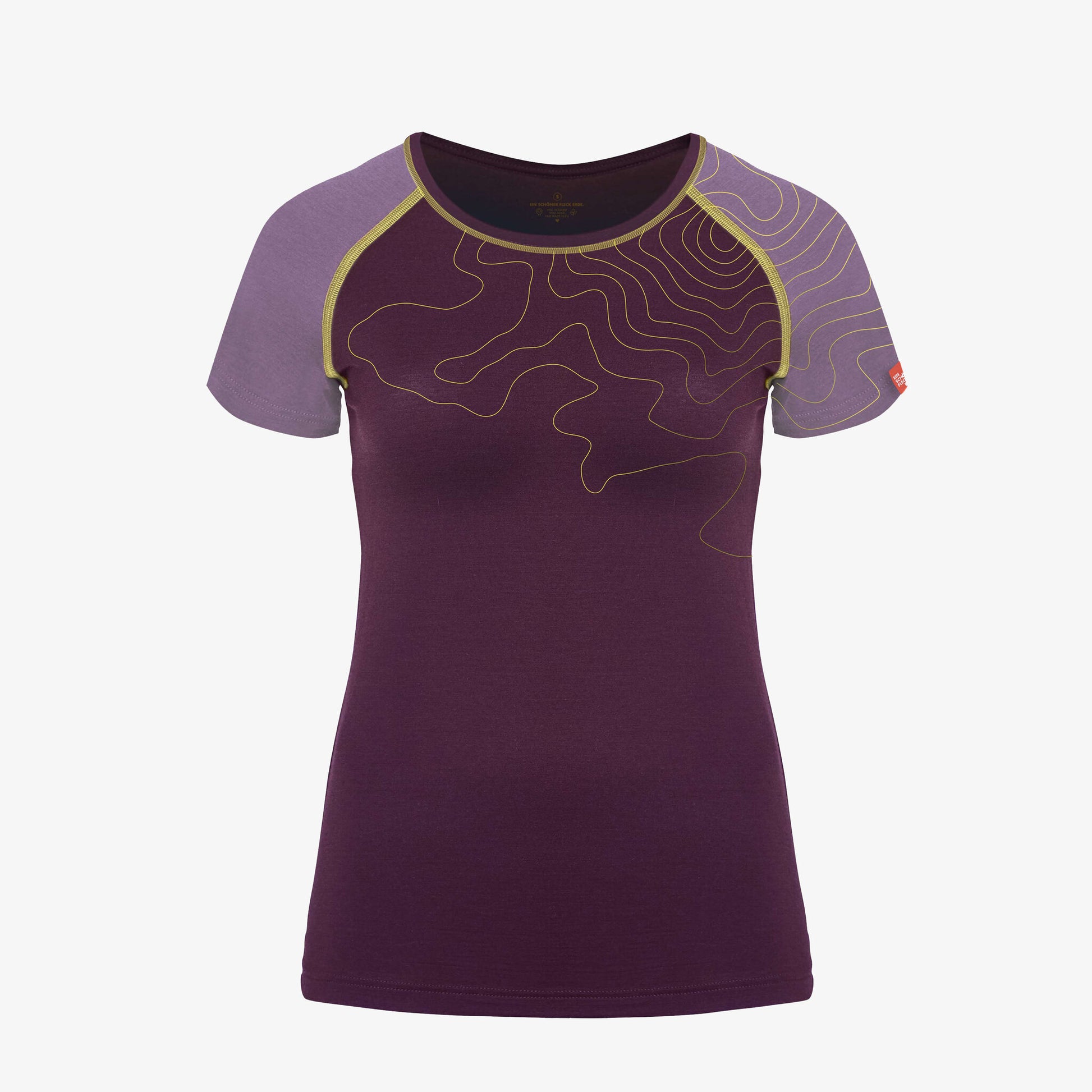 Violettes Funktionsshirt mit gelben Linien und zweifarbigem Design in Dunkel- und Hellviolett von Ein schöner Fleck Erde, Produktansicht auf weißem Hintergrund