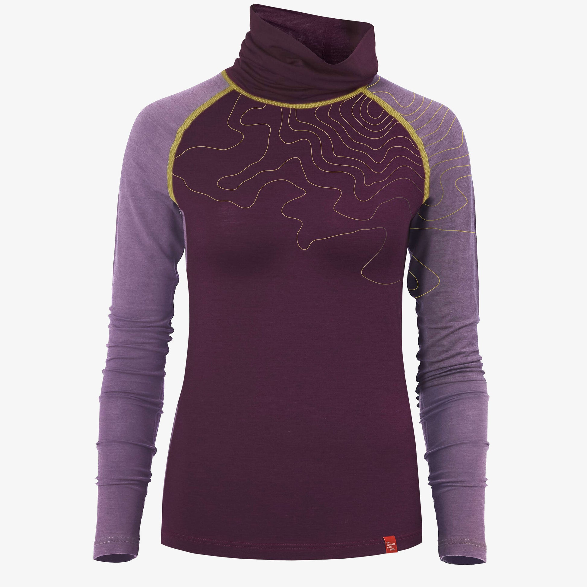 Violettes Langarmshirt mit lilafarbenen Ärmeln und gelben Linienmustern von Ein schöner Fleck Erde, stehend auf weißem Hintergrund
