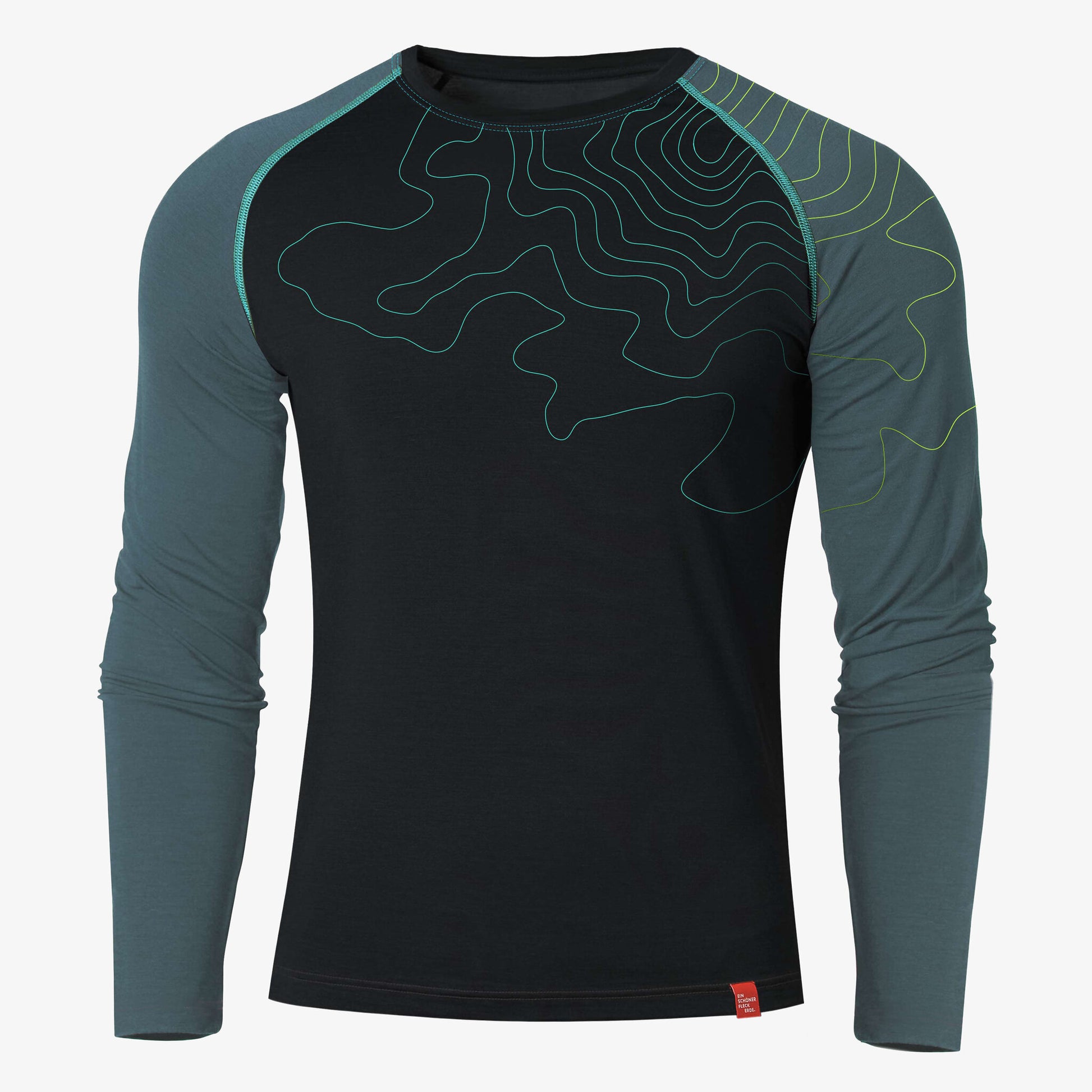 Dunkelblaues Langarmshirt mit hellblauen Ärmeln und Linienmuster auf der Vorderseite, Produktfoto von Ein schöner Fleck Erde vor hellem Hintergrund